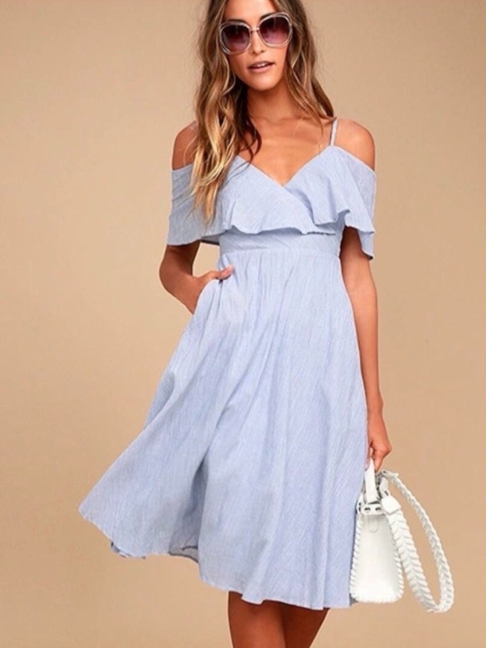 Lulus Linen Light Blue Off-Shoulder Ruffle Midi boho Dress